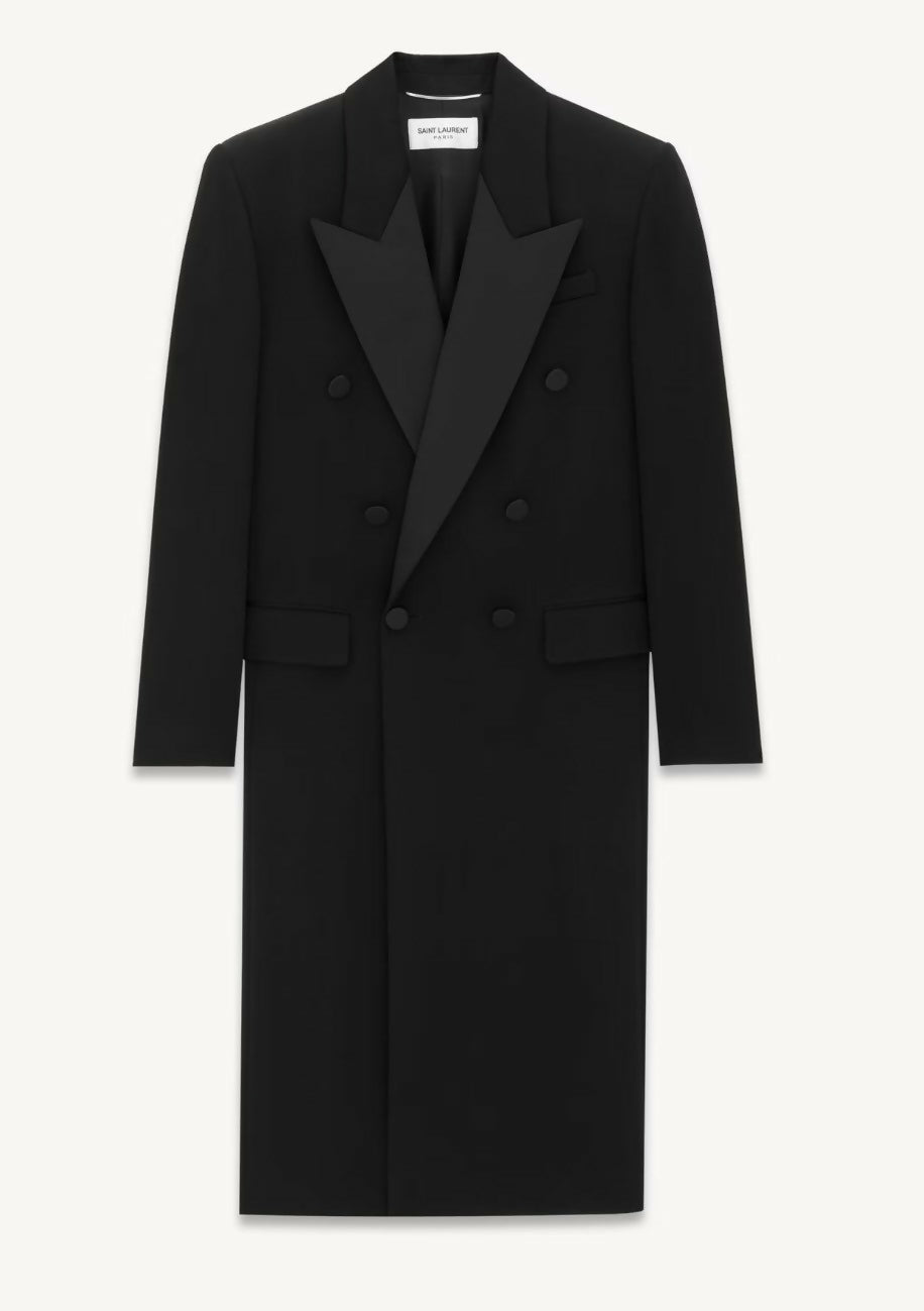 Saint Laurent Black Tuxedo Coat In Grain De Poudre + Saint Laurent YSL Logo Twisted Stripe Texture Brooch