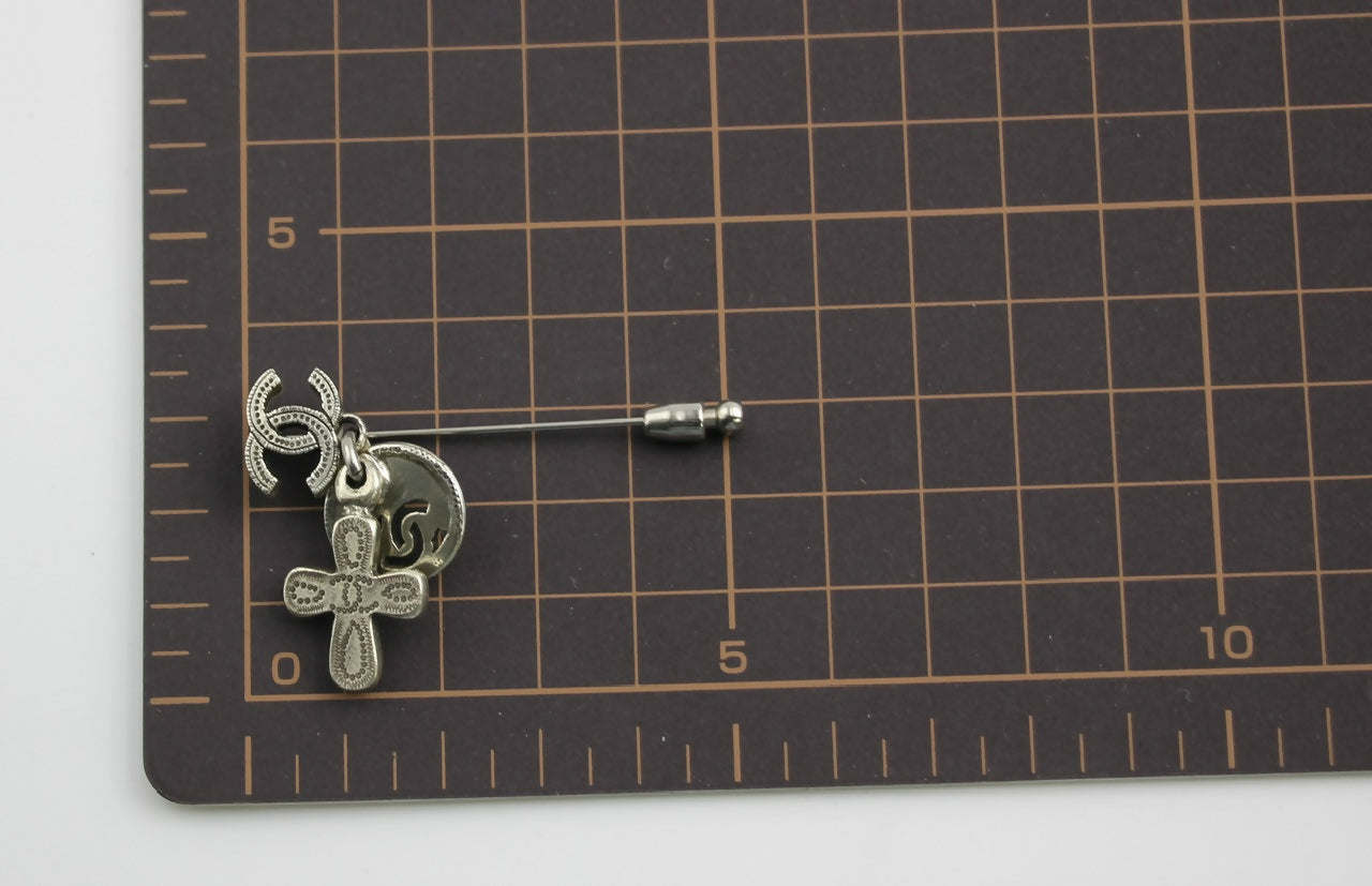 Chanel Vintage 03P Metal Cross Silver Coin CC Brooch