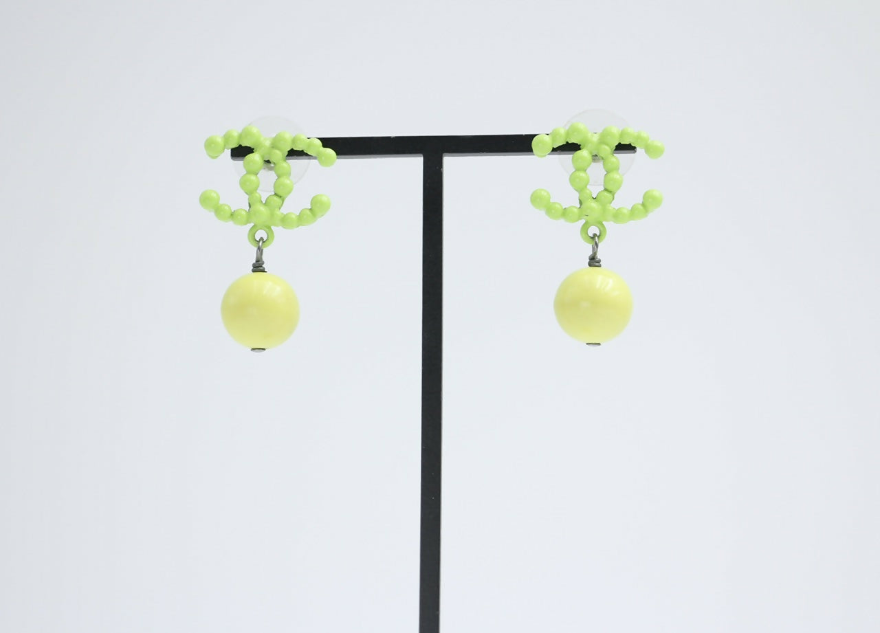 Chanel Vintage 04A Resin Fluorescent Green and Yellow Dangle Stud Earrings