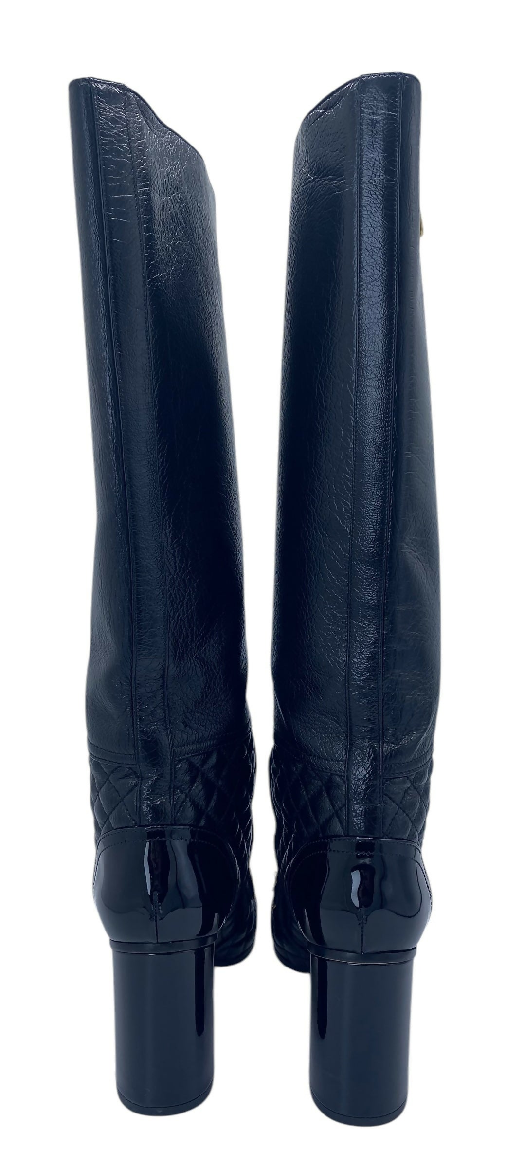 Chanel 2018 Black Gold Leather Quilted Chain High Heel Boots EU 39