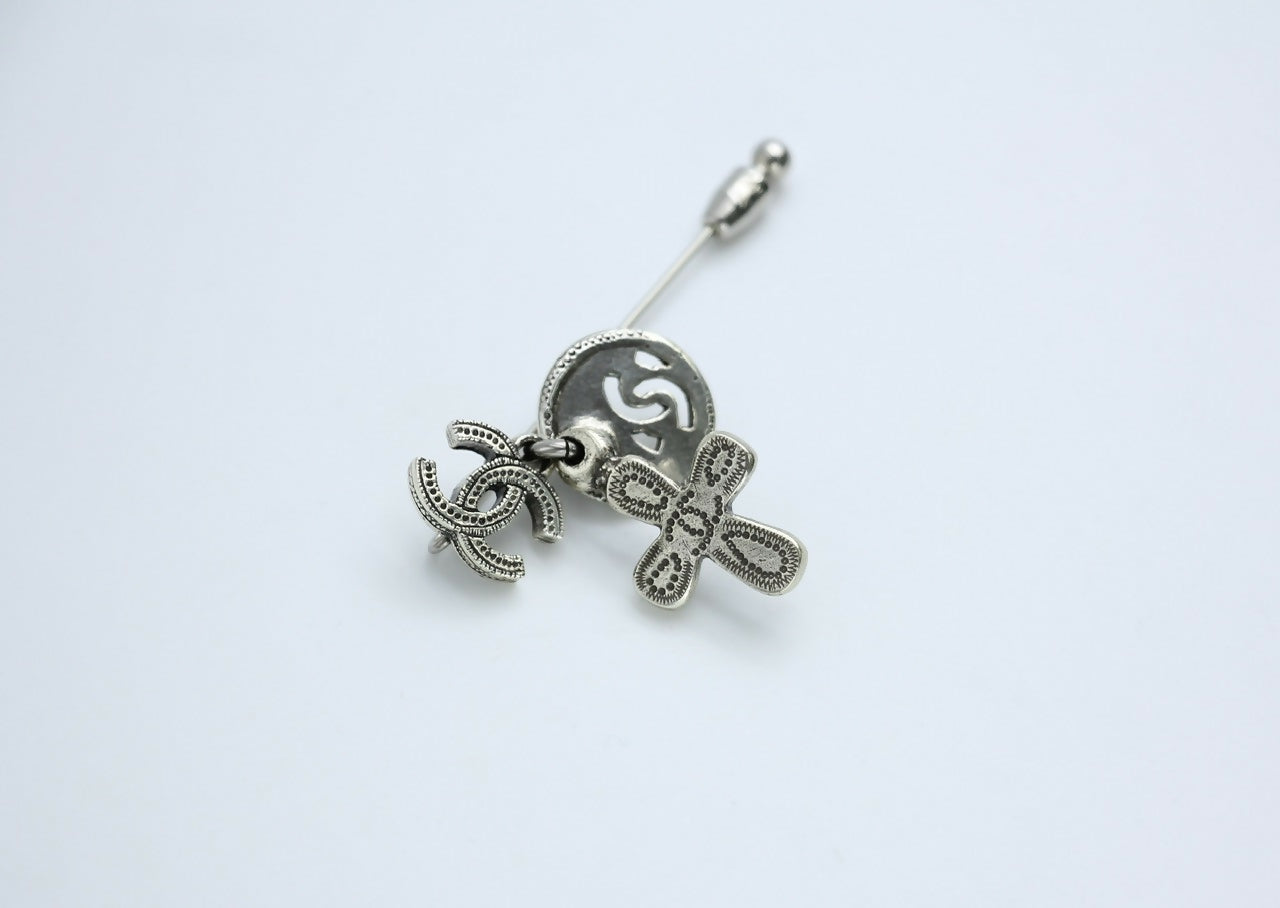 Chanel Vintage 03P Metal Cross Silver Coin CC Brooch