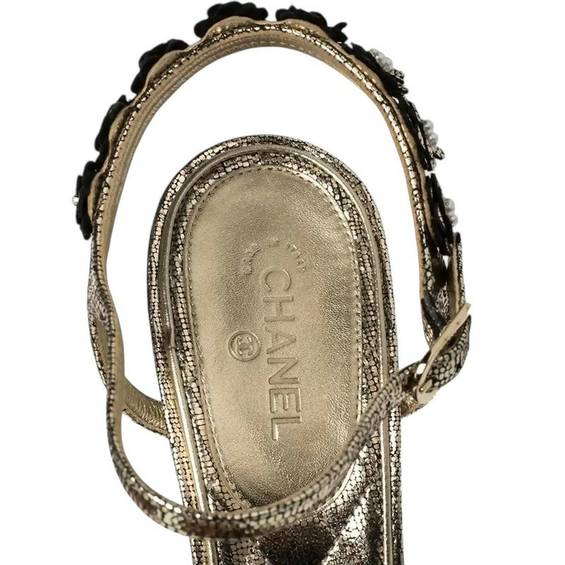 Chanel Gold Metallic Leather Camellia Pearl Sandals Heels EU 38.5C