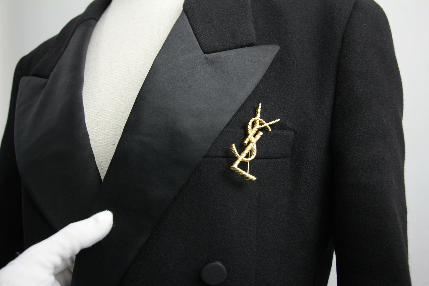 Saint Laurent Black Tuxedo Coat In Grain De Poudre + Saint Laurent YSL Logo Twisted Stripe Texture Brooch