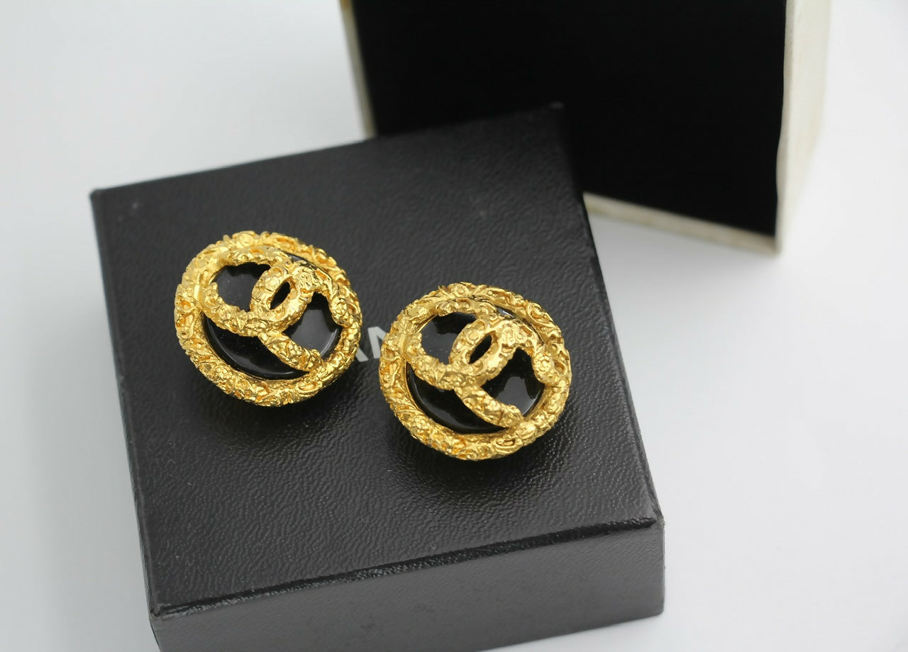 Chanel Vintage 93P Lava Black Gold Clip-on Earrings