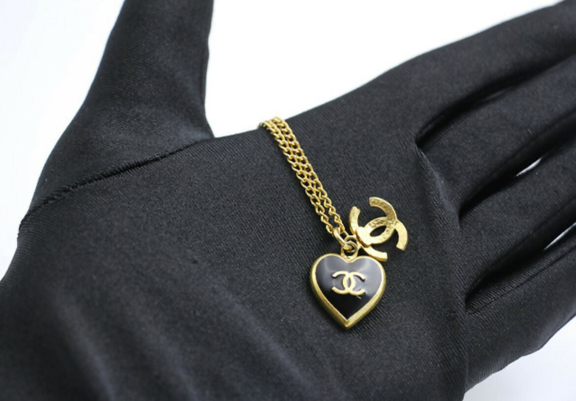 Chanel Vintage 02P Enamel Black Heart CC Bracelet