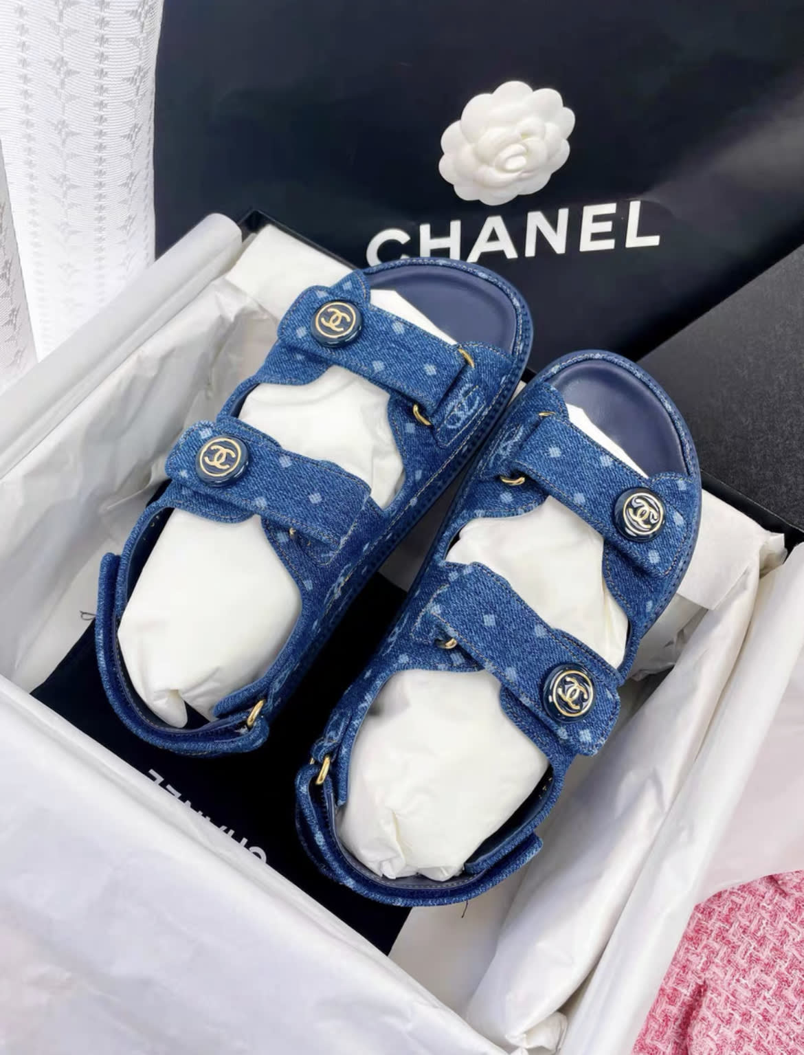 Chanel 23p denim blue double C polka dot Velcro dad sandals
