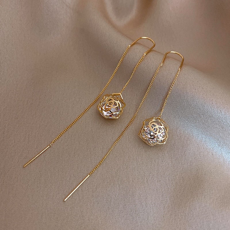 White Crystal Rose Drop Earrings