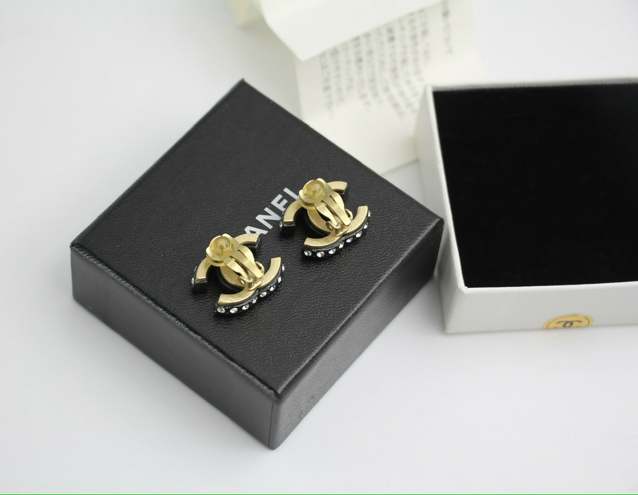 Chanel Vintage 02A Rhinestone Black CC Logo Clip-on Earrings