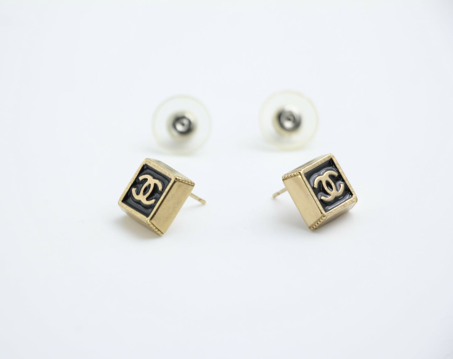 Chanel Vintage 03P Metal Square Black Stud Earrings