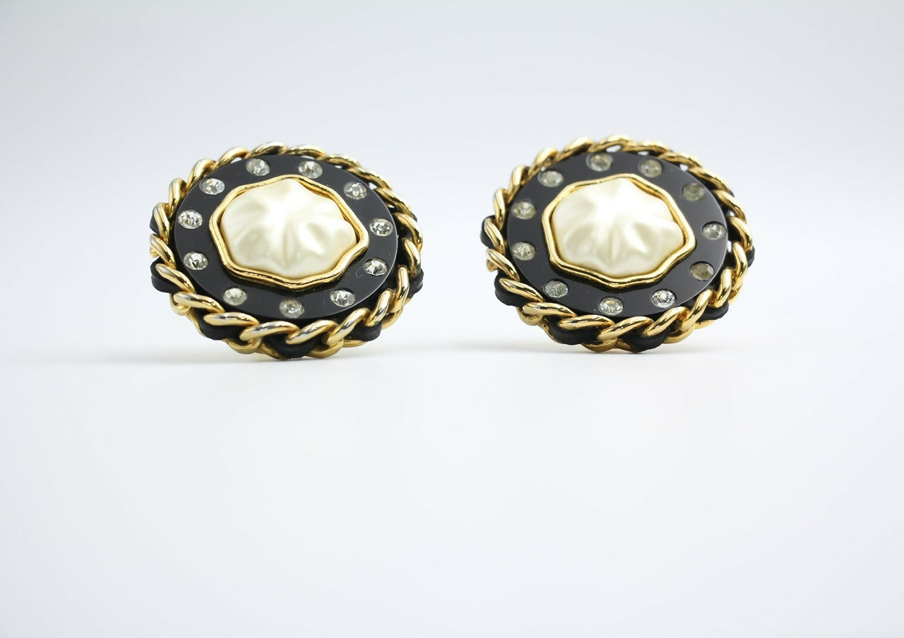 Chanel Vintage 1988 Leather Chain & Rhinestone Clip-on Round Earrings