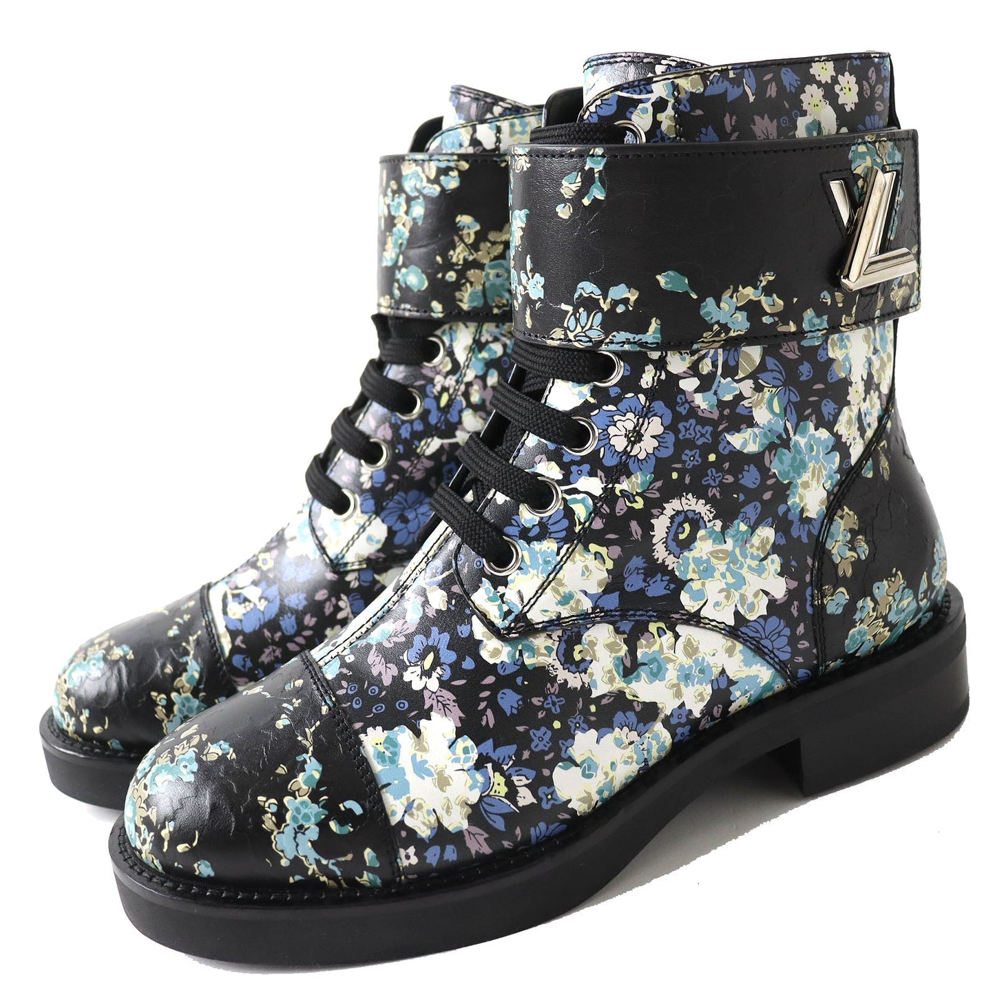 Louis Vuitton Floral Leather Short Boots Black 35