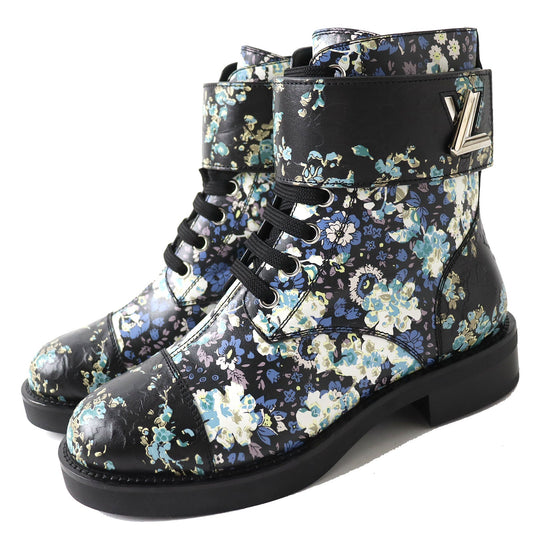 Louis Vuitton Floral Leather Short Boots Black 35