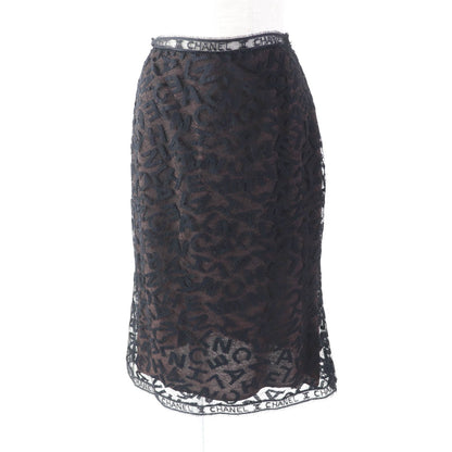Chanel Vintage Logo Lace Knee Skirt Black 38