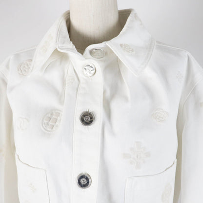 Chanel Cotton COCO Mark Button Camellia Embossed Cropped Denim Jacket