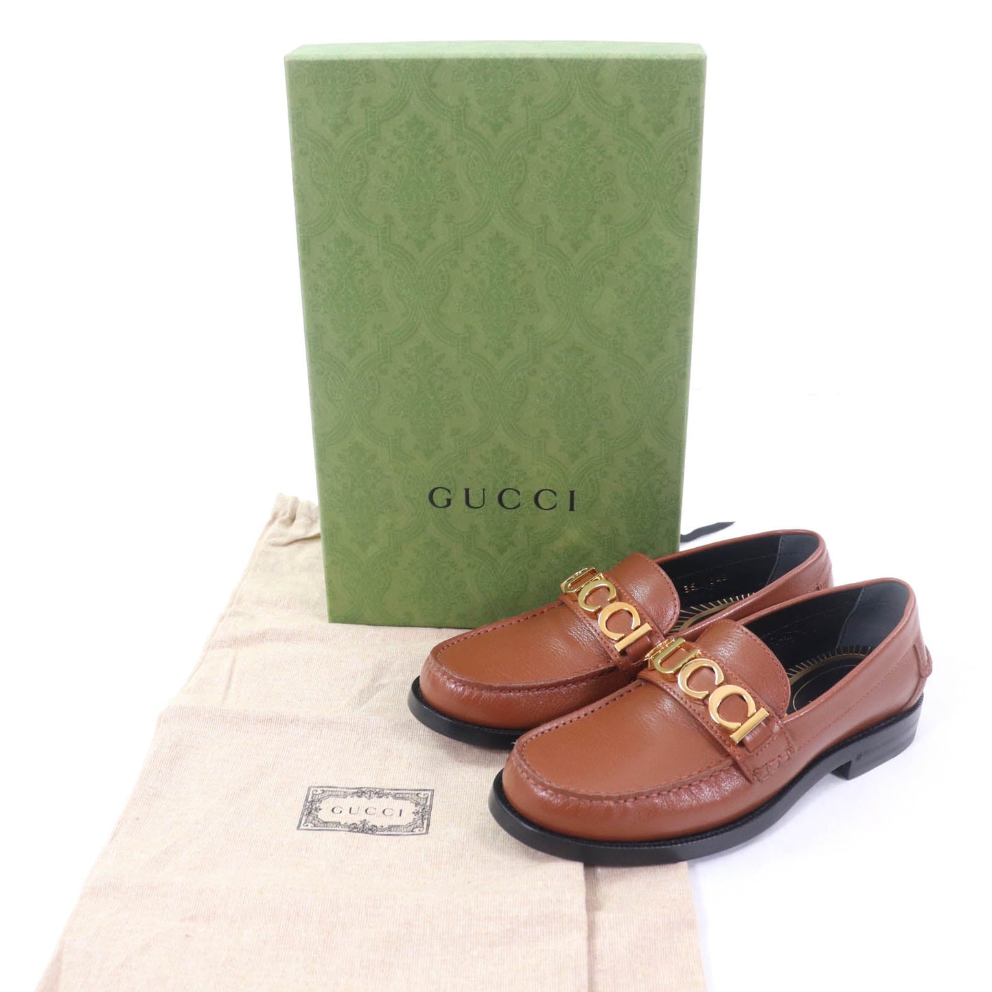 Gucci Logo Metal Leather Loafers