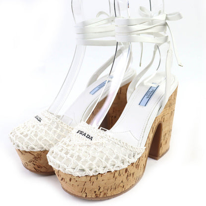 Prada Triangle Logo Lace-up Crochet Raffia Sandals