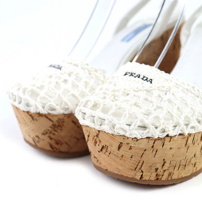 Prada Triangle Logo Lace-up Crochet Raffia Sandals