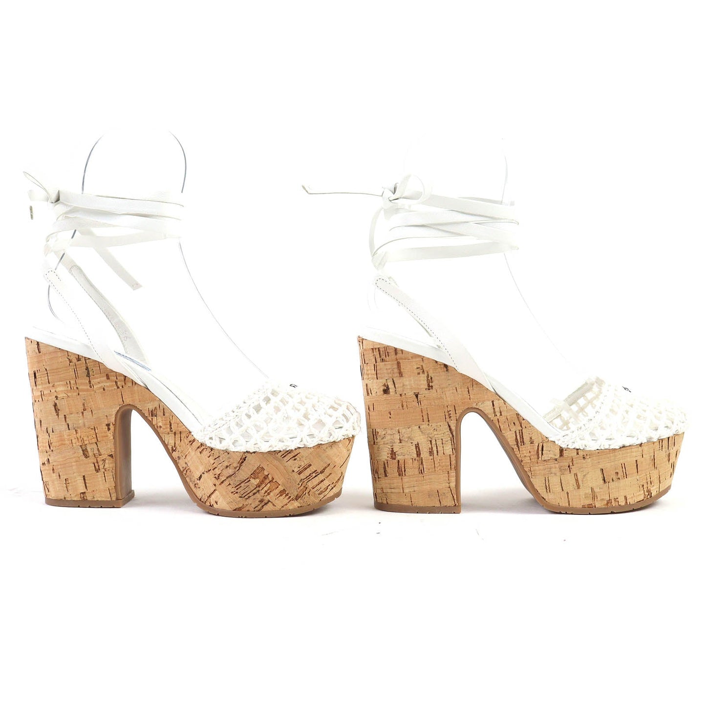 Prada Triangle Logo Lace-up Crochet Raffia Sandals