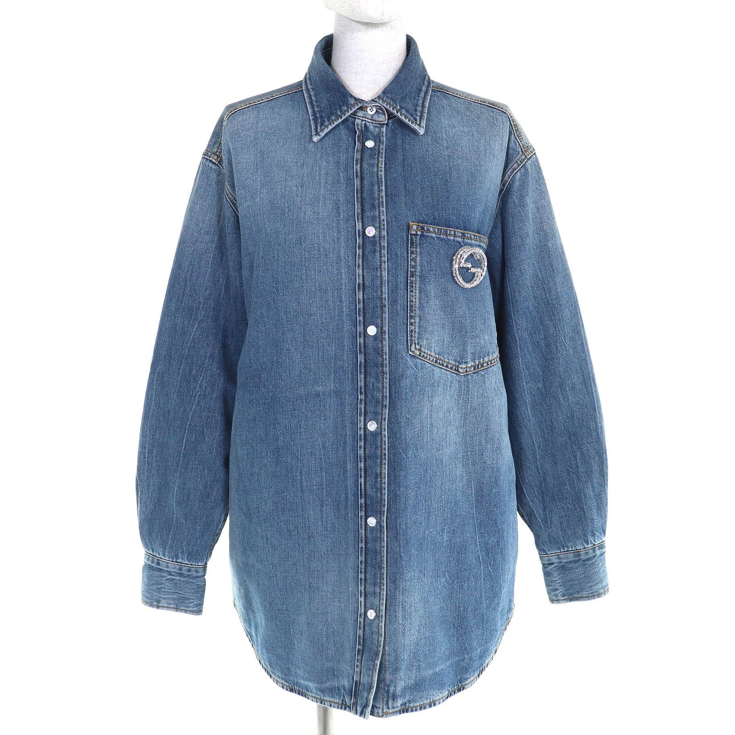 Gucci Interlocking G Brooch Denim Long Sleeve Shirt