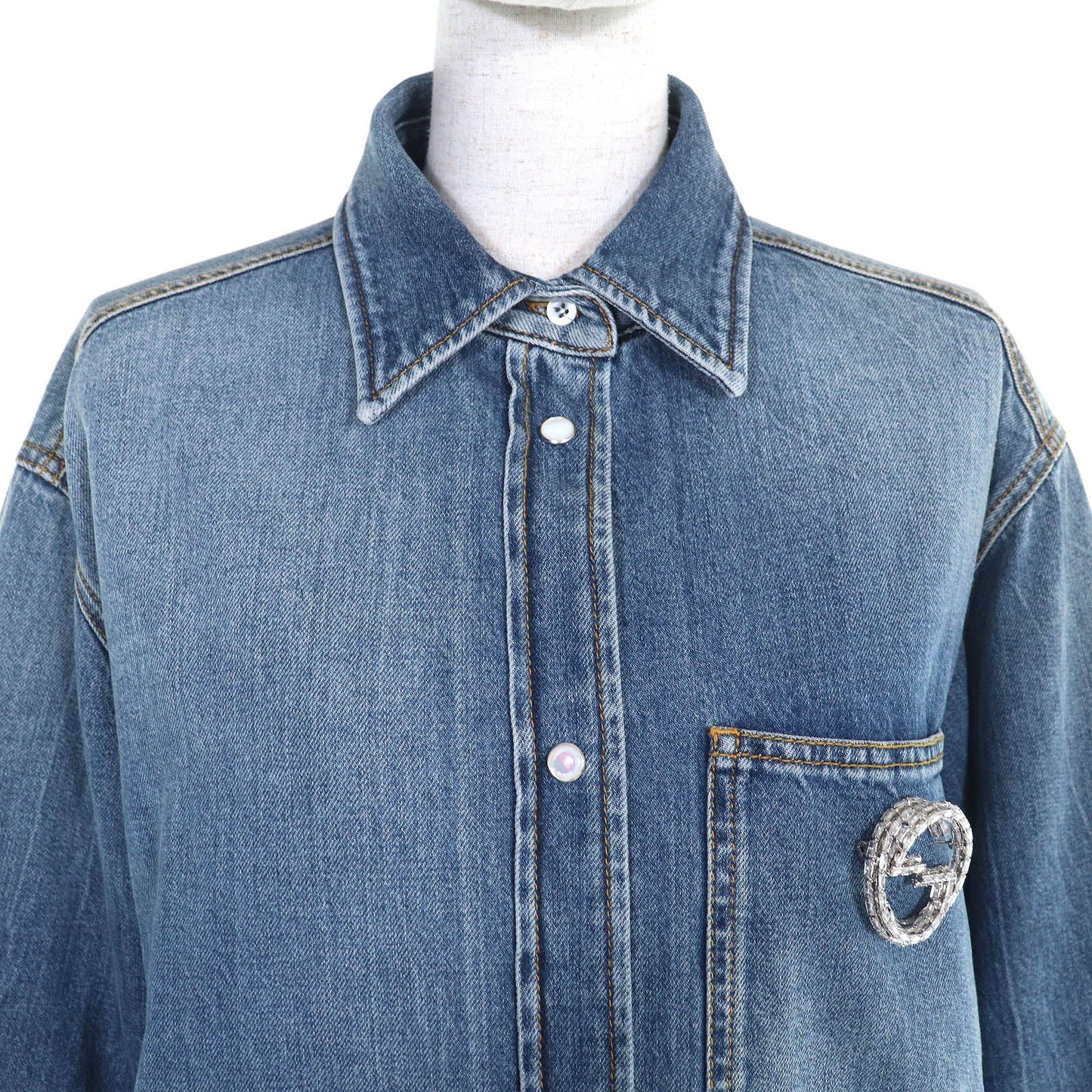 Gucci Interlocking G Brooch Denim Long Sleeve Shirt