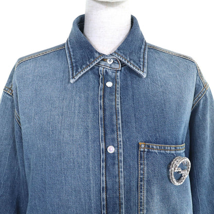 Gucci Interlocking G Brooch Denim Long Sleeve Shirt