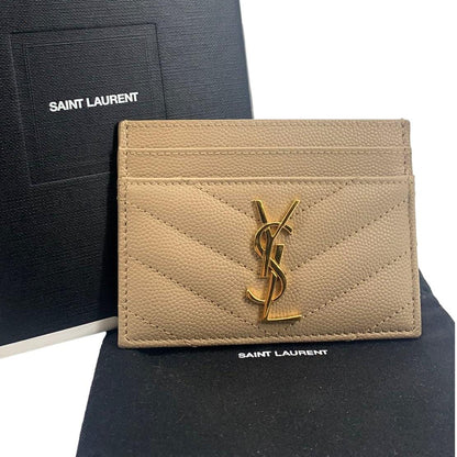 YVES SAINT LAURENT Monogram Grain Leather Card Case Beige