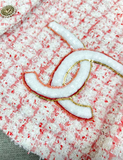 Chanel 24p pink tweed jacket with sequin CC logo pockets size 36