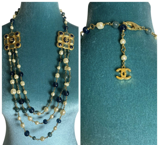 Chanel 11A Paris-Byzance 3 Strand Pearl Medallion Gold Green Blue Necklace/Belt