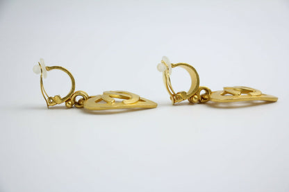 Chanel Vintage 95P Gold-plated Heart-shaped Dangle Clip-on Earrings