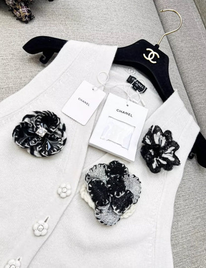 Chanel 23k white camellia cashmere vest