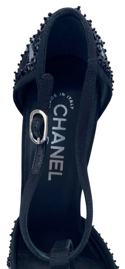 Chanel 09P Runway Black Sequin Bow CC Brooch Strap Heels Sandals EU 40