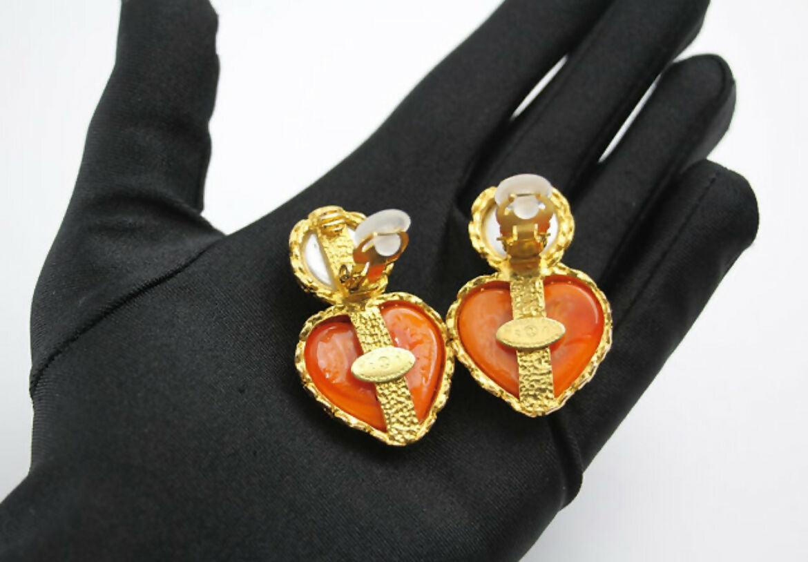 Chanel Vintage 1991 Gripoix Orange Heart Imitation Pearl Clip-on Earrings