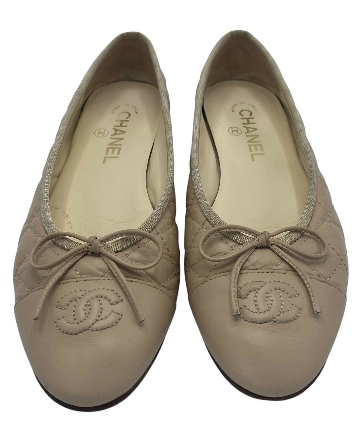 Chanel Beige Quilted Leather CC Bow Ballet Flats EU 38.5