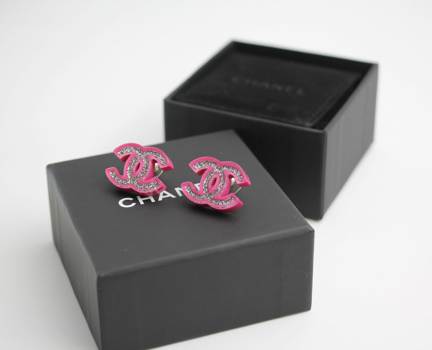 Chanel 2018 Resin Silver Glitter Pink Stud Earrings