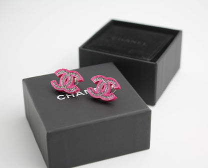 Chanel 2018 Resin Silver Glitter Pink Stud Earrings
