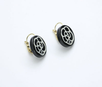 Chanel Vintage 03P Resin Black and White Camellia Button Hoop Earrings