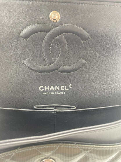 Chanel Medium Dark Green Straited Patent Leather Double Flap Timeless Classic Bag SHW