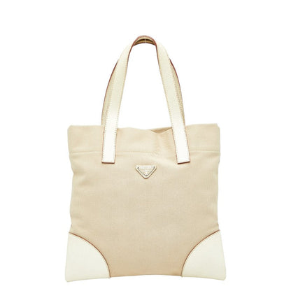 Prada Triangle Logo Canvas Leather Tote Bag
