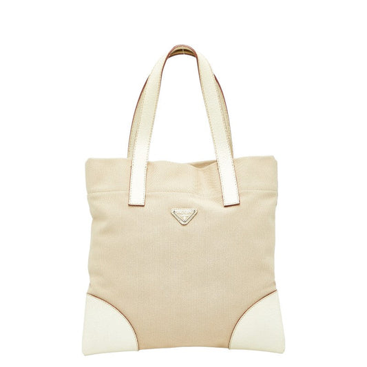Prada Triangle Logo Canvas Leather Tote Bag