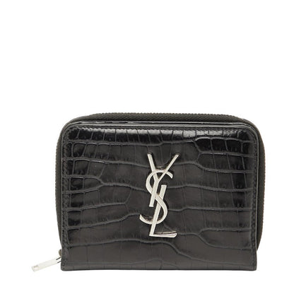 Saint Laurent YSL Crocodile Embossed Leather Zip Wallet