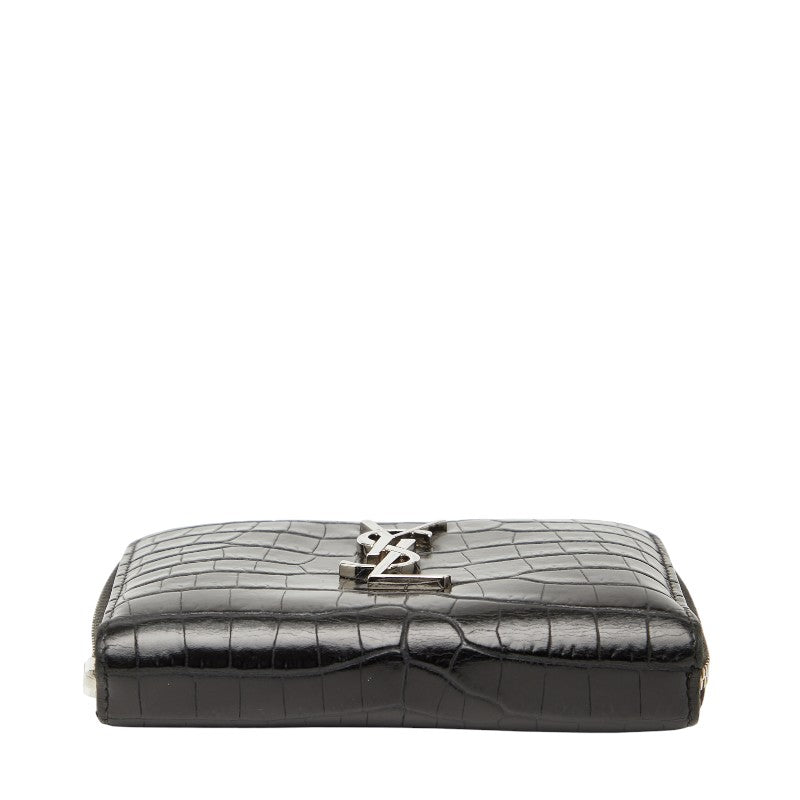 Saint Laurent YSL Crocodile Embossed Leather Zip Wallet