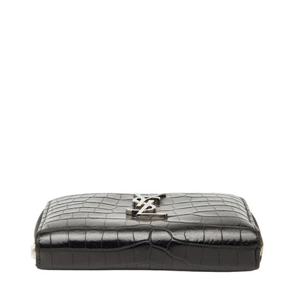 Saint Laurent YSL Crocodile Embossed Leather Zip Wallet