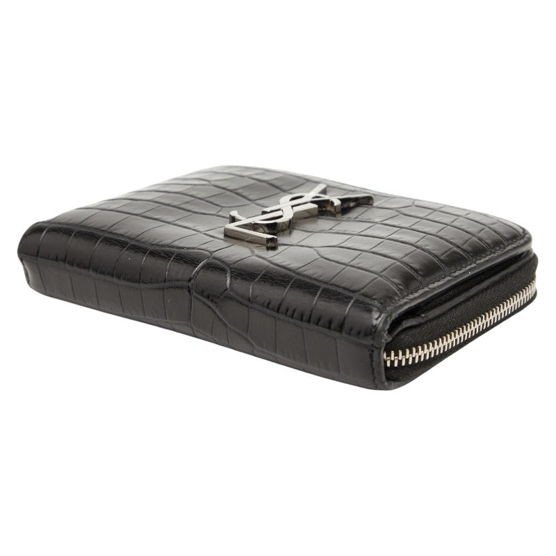 Saint Laurent YSL Crocodile Embossed Leather Zip Wallet