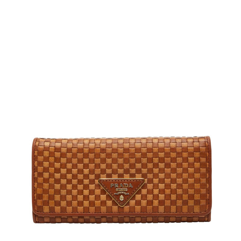 Prada Logo Intrecciato Triangle Plate Leather Wallet