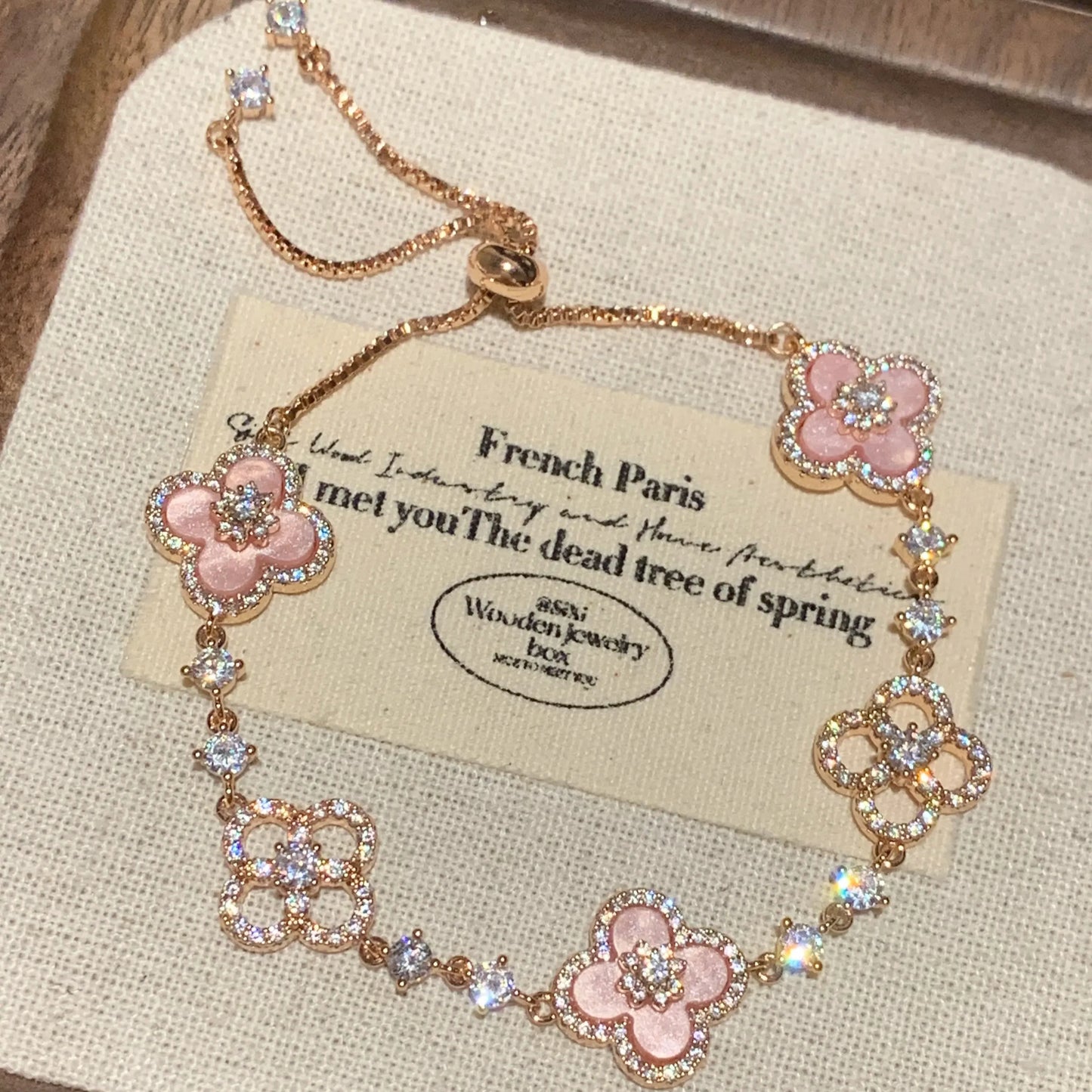 Pink Fritillary Four Leaf Clover Bracelet