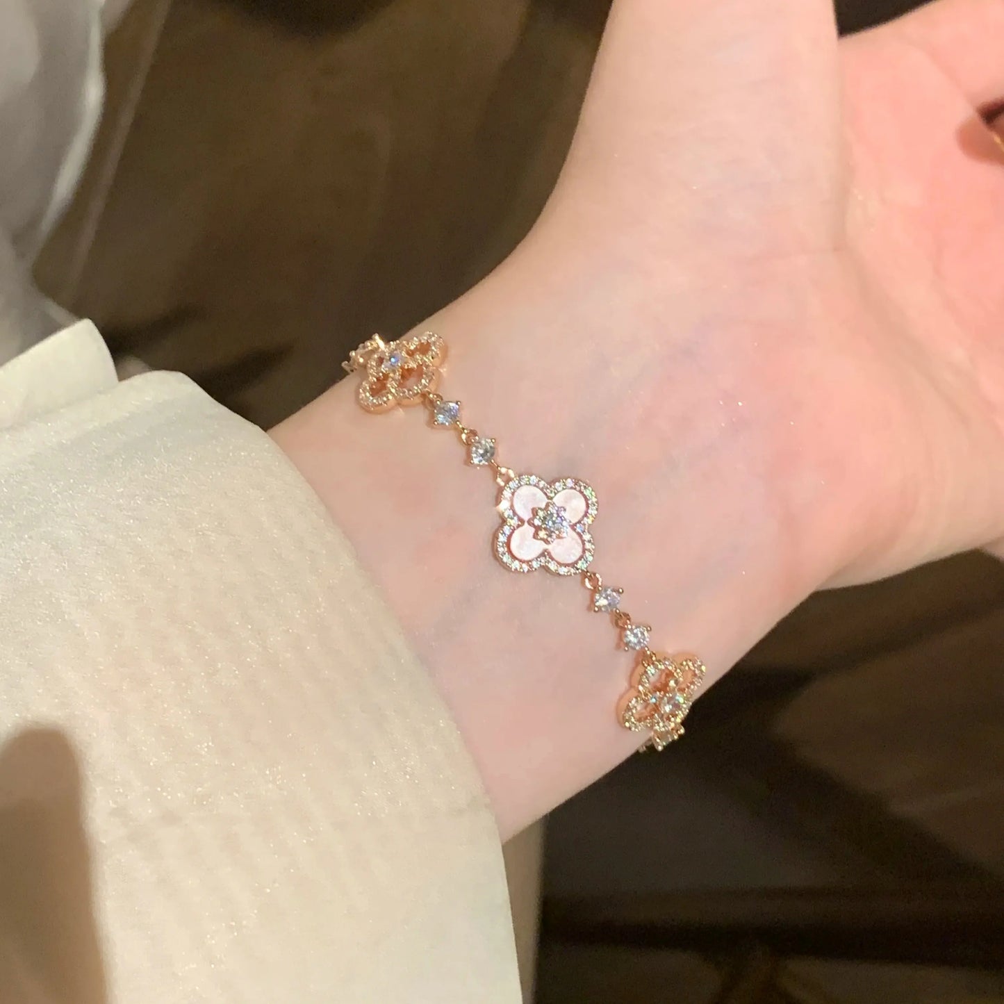 Pink Fritillary Four Leaf Clover Bracelet