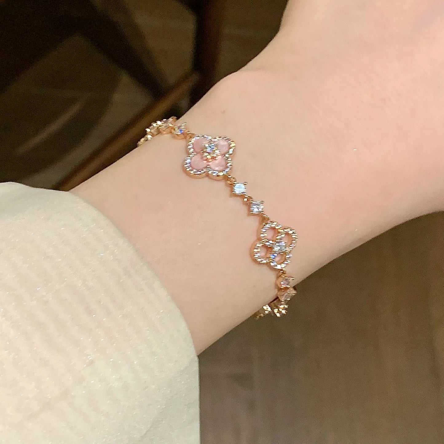 Pink Fritillary Four Leaf Clover Bracelet