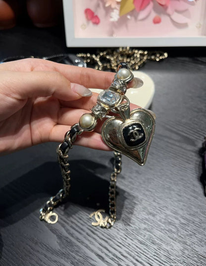 Chanel 21K Black Gold Leather Chain Double CC Heart Necklace