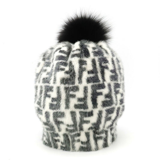 Fendi Mink Fox Fur Hat Black White FNX085
