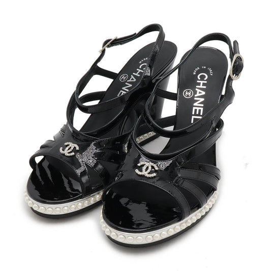 Chanel Coco Mark Patent Leather Pearl Wedge Sandals